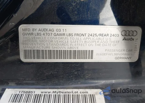 2011 Audi A4 2.0T Premium z USA, uszkodzony, nr VIN WAUEFAFL9BN048661